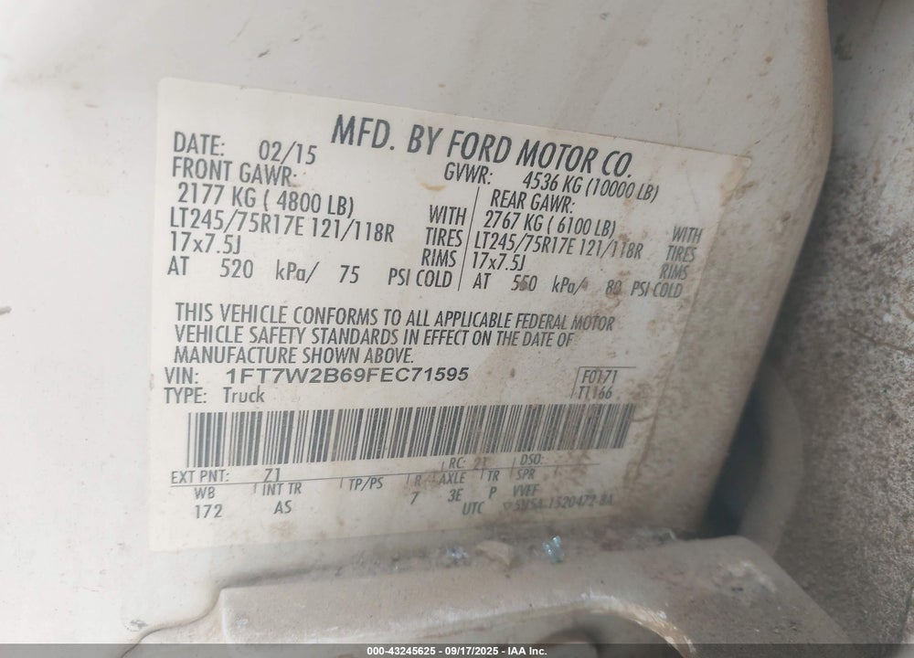 2015 FORD F-250 VIN: 1FT7W2B69FEC71595