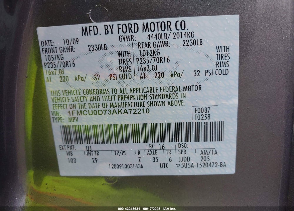 2010 FORD ESCAPE XLT VIN: 1FMCU0D73AKA72210