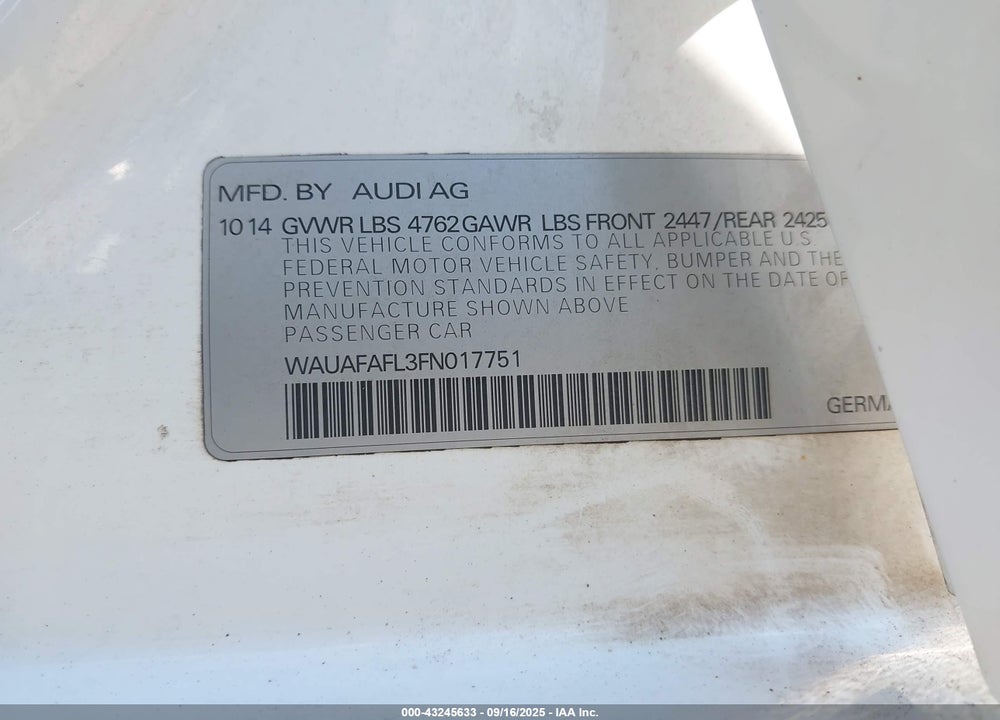 2015 AUDI A4 VIN: WAUAFAFL3FN017751