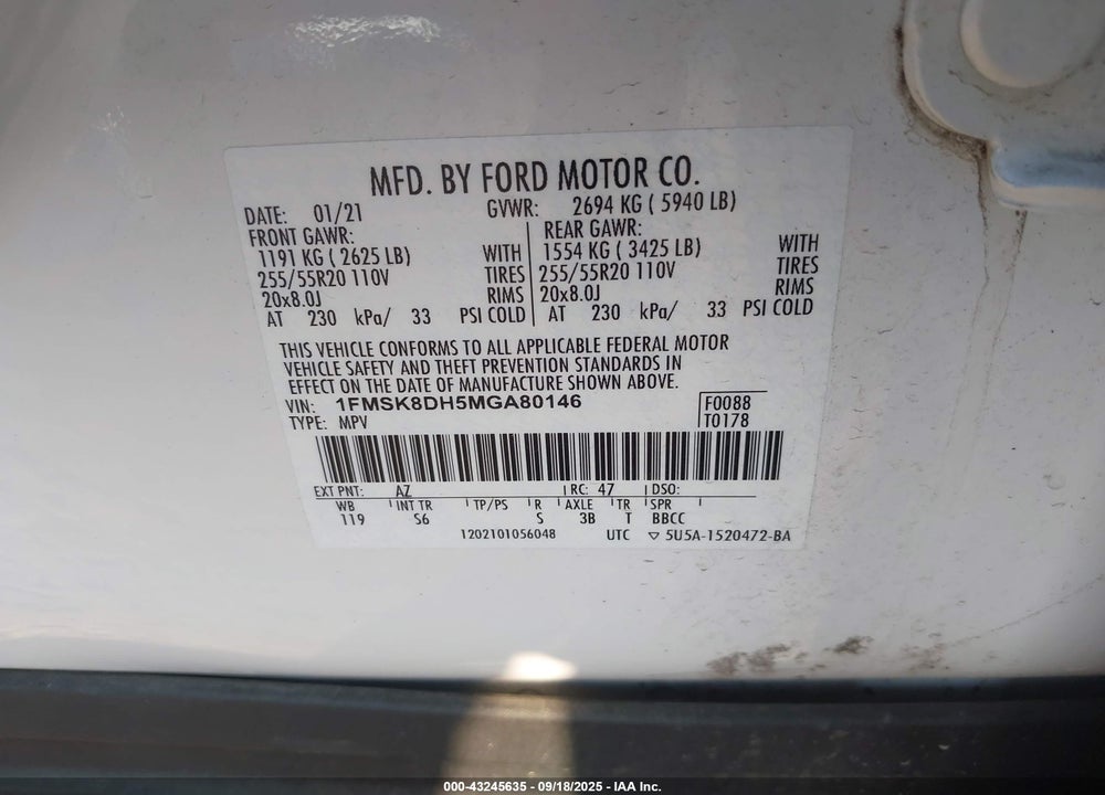 2021 FORD EXPLORER VIN: 1FMSK8DH5MGA80146