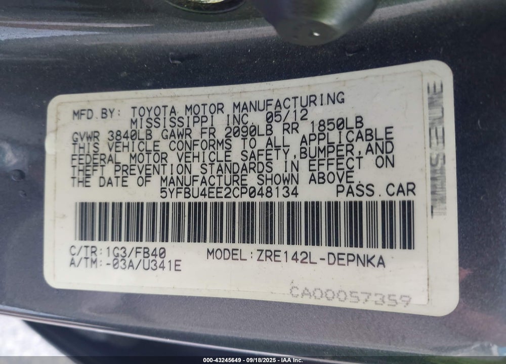 2012 TOYOTA COROLLA VIN: 5YFBU4EE2CP048134