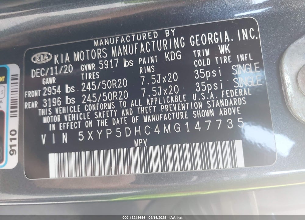 2021 KIA TELLURIDE VIN: 5XYP5DHC4MG147735
