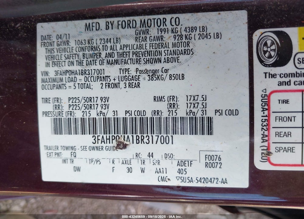 2011 FORD FUSION VIN: 3FAHP0HA1BR317001