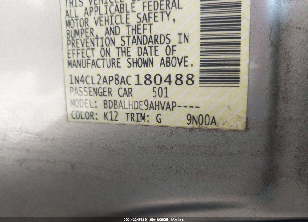 2010 NISSAN ALTIMA HYBRID VIN: 1N4CL2AP8AC180488