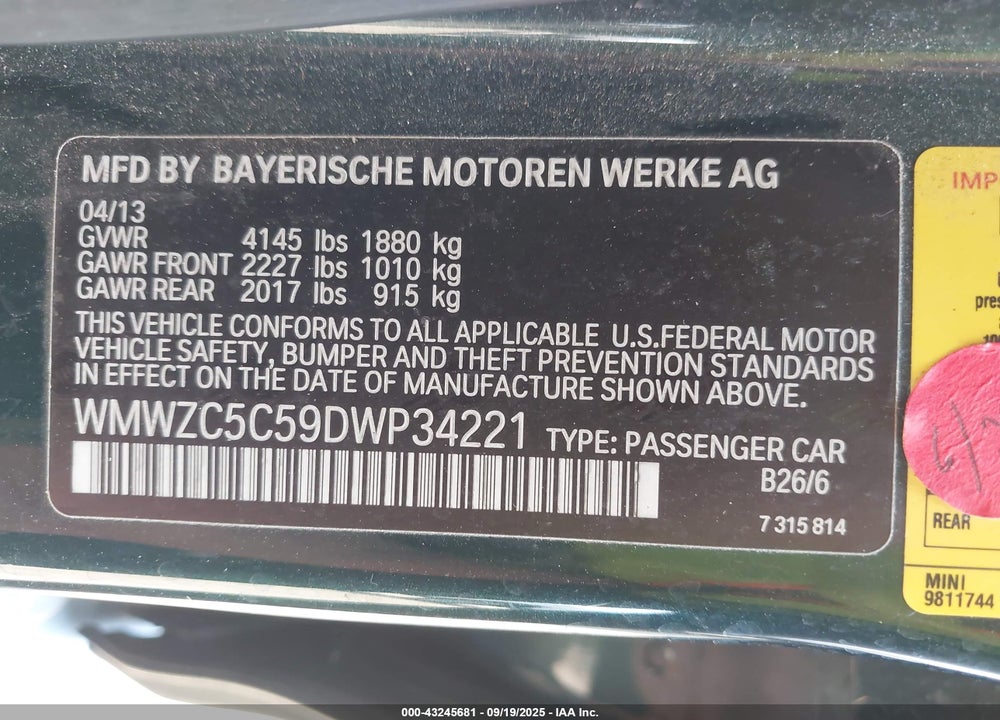2013 MINI COUNTRYMAN VIN: WMWZC5C59DWP34221