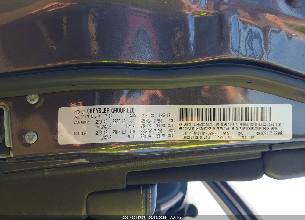 2015 JEEP CHEROKEE VIN: 1C4PJLCB1FW508011