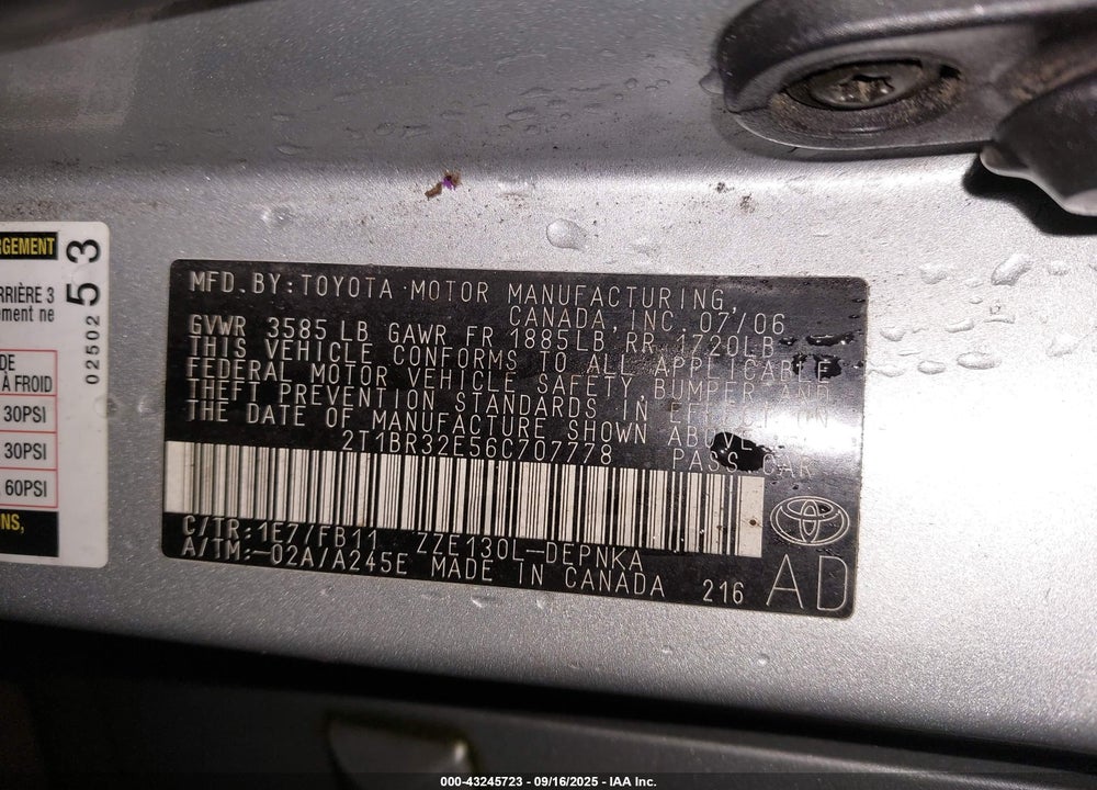 2006 TOYOTA COROLLA VIN: 2T1BR32E56C707778