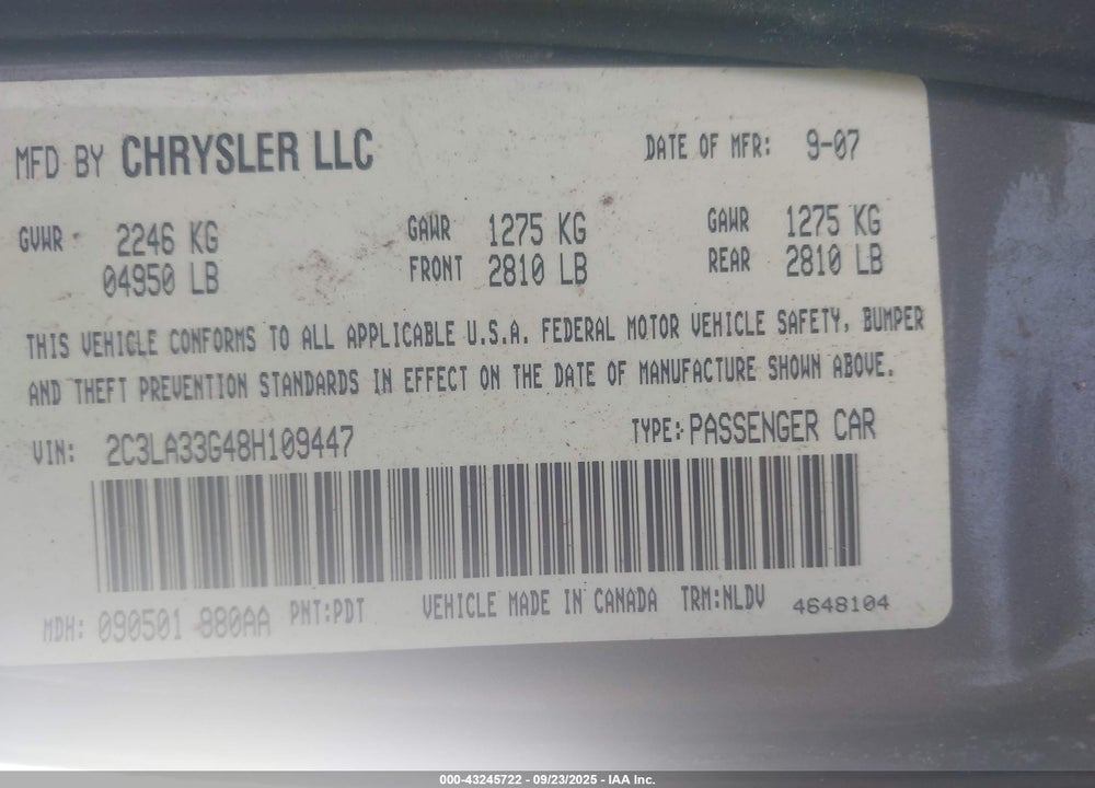 2008 CHRYSLER 300 VIN: 2C3LA33G48H109447