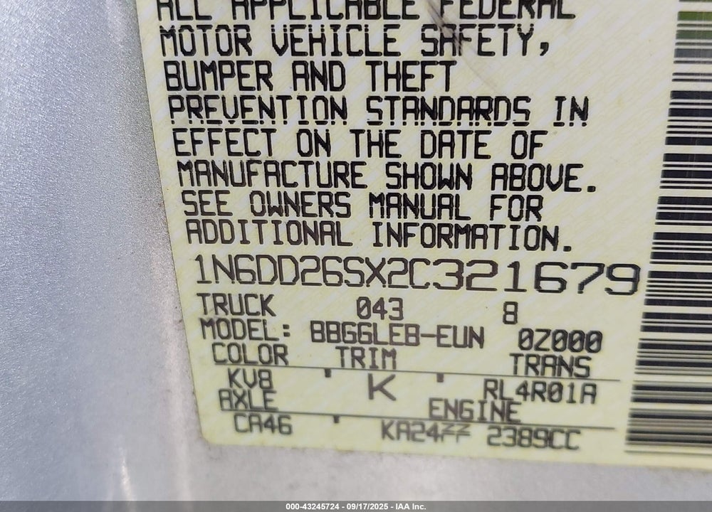 2002 NISSAN FRONTIER XE VIN: 1N6DD26SX2C321679