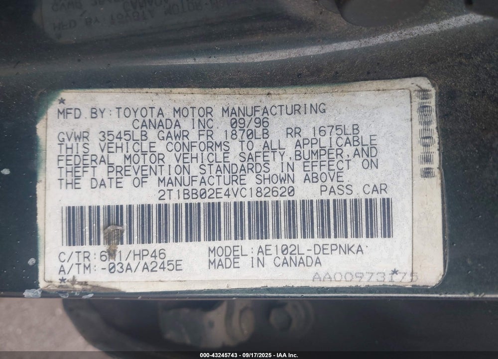 1997 TOYOTA COROLLA DX VIN: 2T1BB02E4VC182620