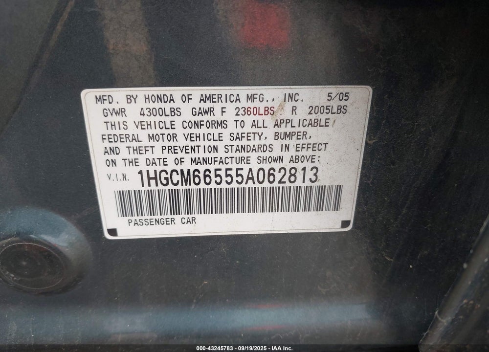 2005 HONDA ACCORD 3.0 EX VIN: 1HGCM66555A062813