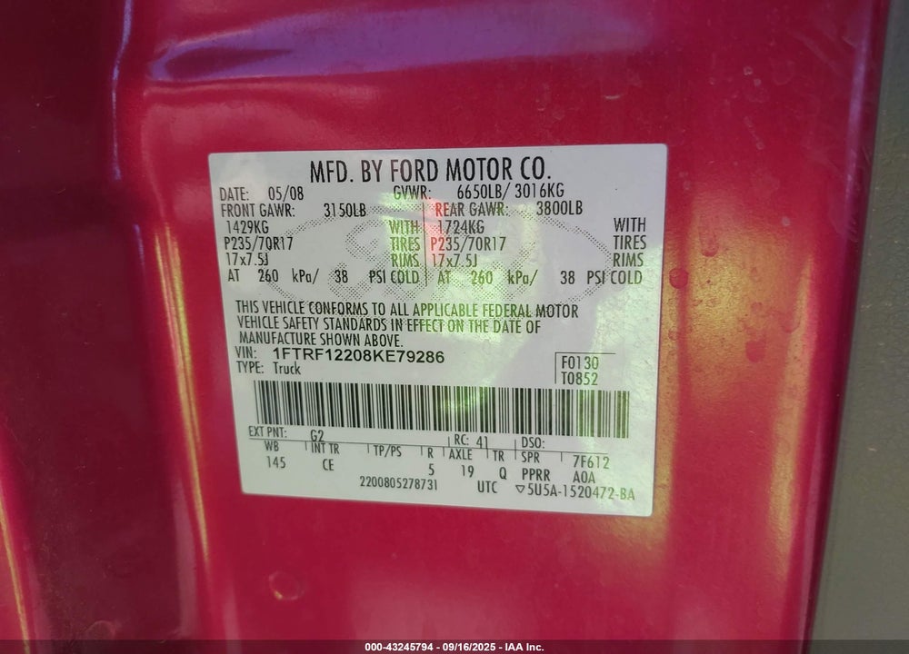 2008 FORD F-150 XL VIN: 1FTRF12208KE79286