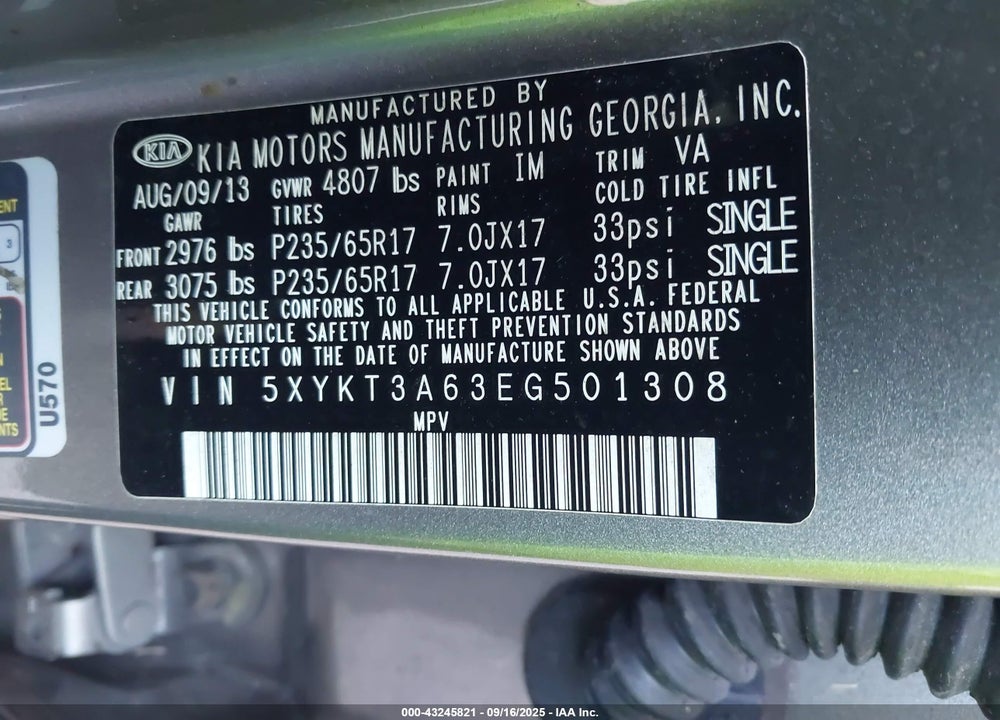 2014 KIA SORENTO VIN: 5XYKT3A63EG501308