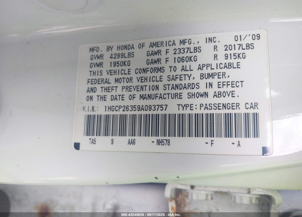 2009 HONDA ACCORD 2.4 LX VIN: 1HGCP26359A093757