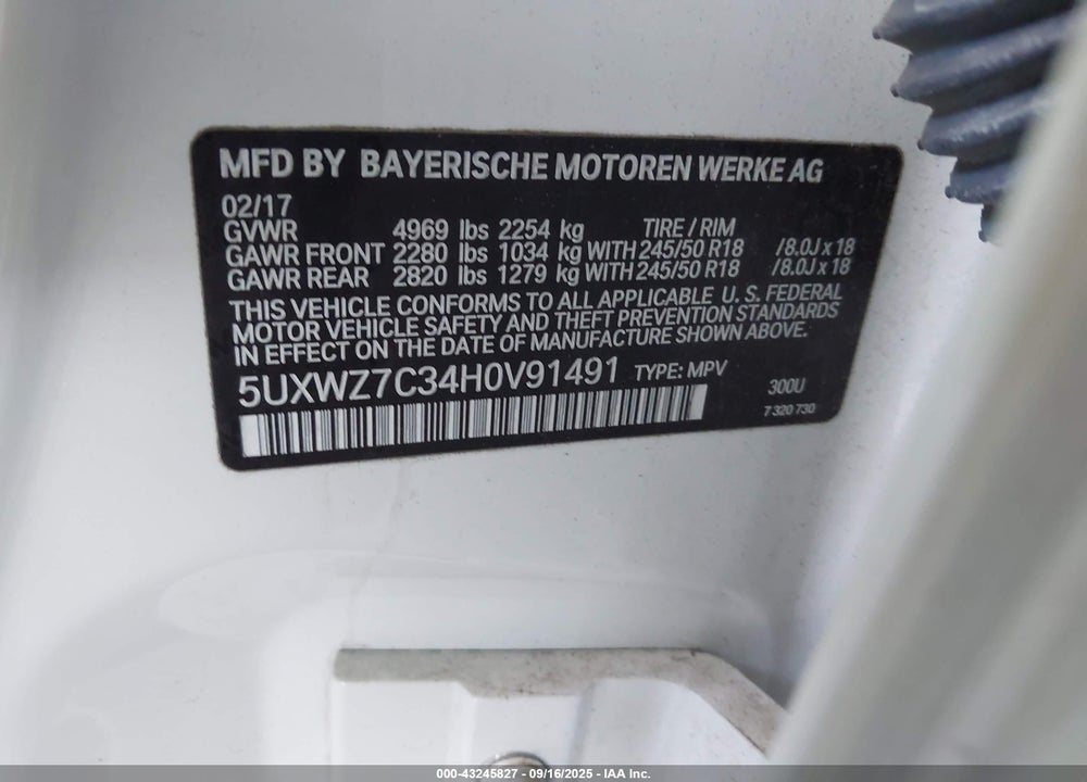 2017 BMW X3 VIN: 5UXWZ7C34H0V91491
