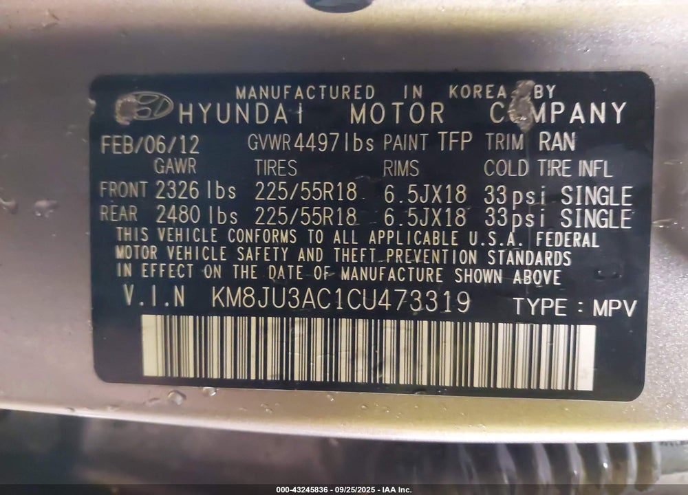 2012 HYUNDAI TUCSON VIN: KM8JU3AC1CU473319