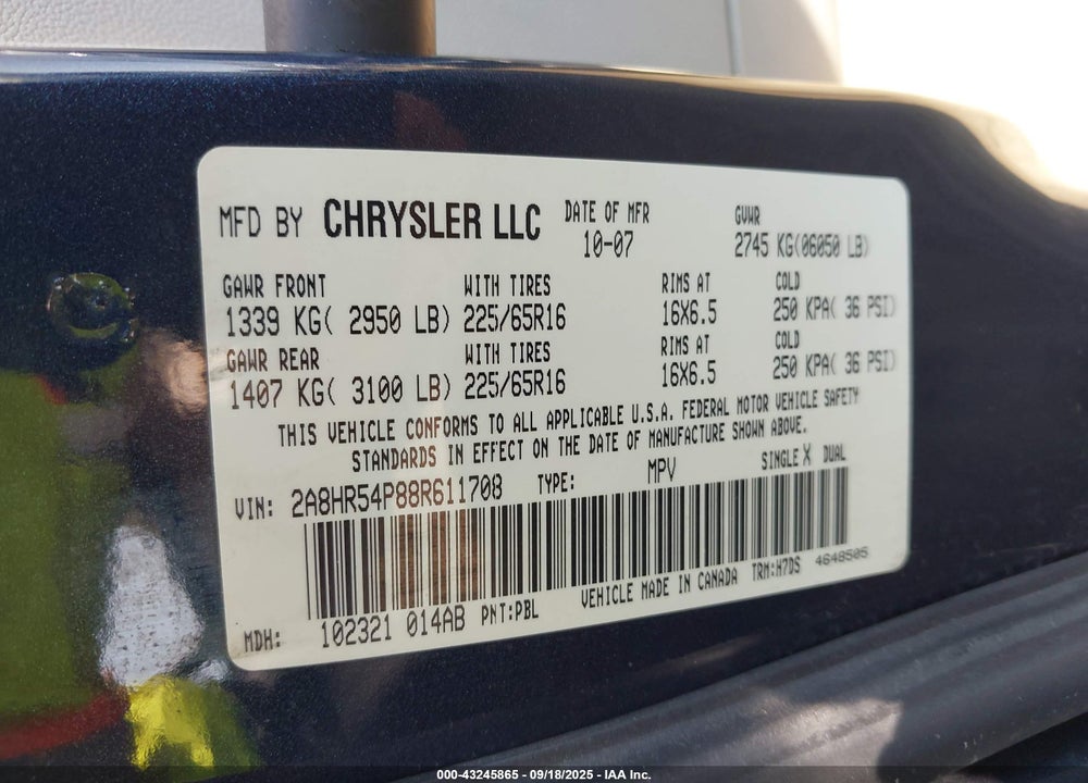 2008 CHRYSLER TOWN & COUNTRY TOURING VIN: 2A8HR54P88R611708