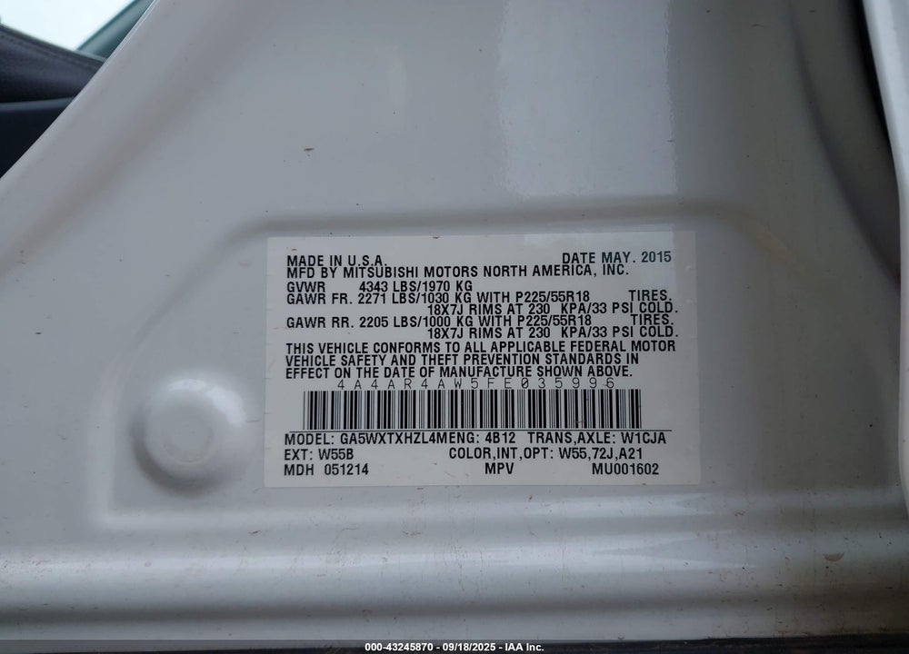 2015 MITSUBISHI OUTLANDER SPORT VIN: 4A4AR4AW5FE035996
