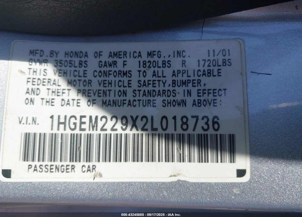 2002 HONDA CIVIC EX VIN: 1HGEM229X2L018736