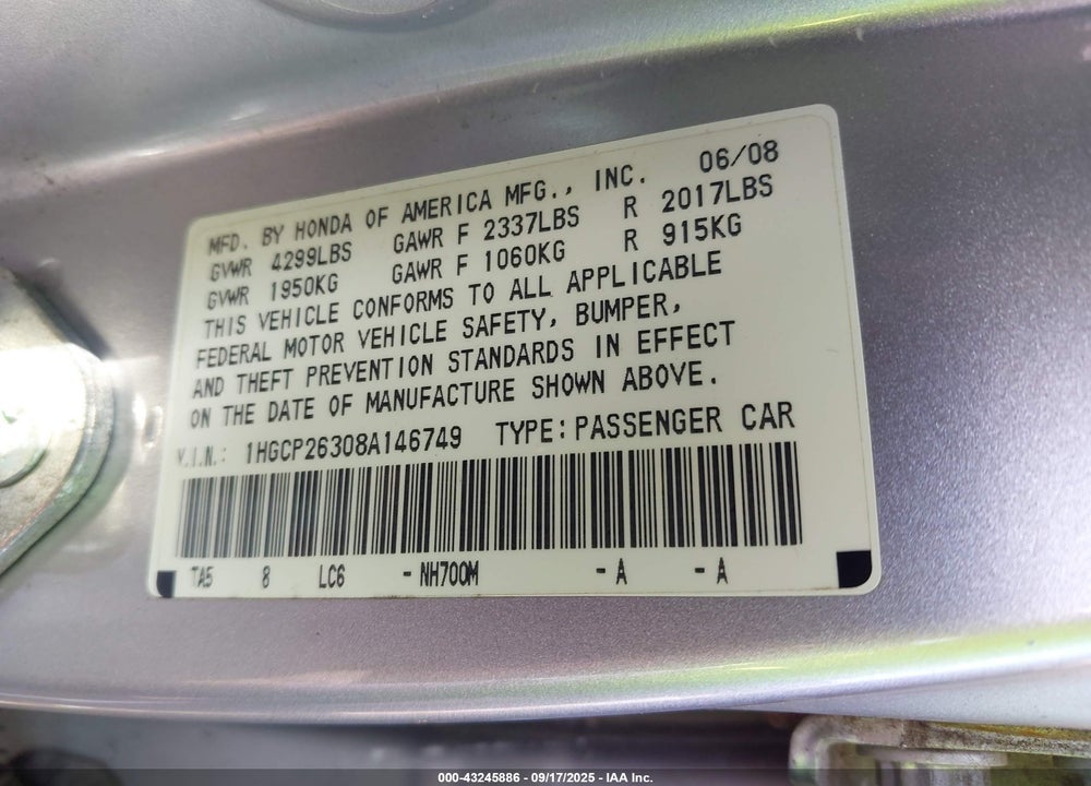 2008 HONDA ACCORD 2.4 LX VIN: 1HGCP26308A146749