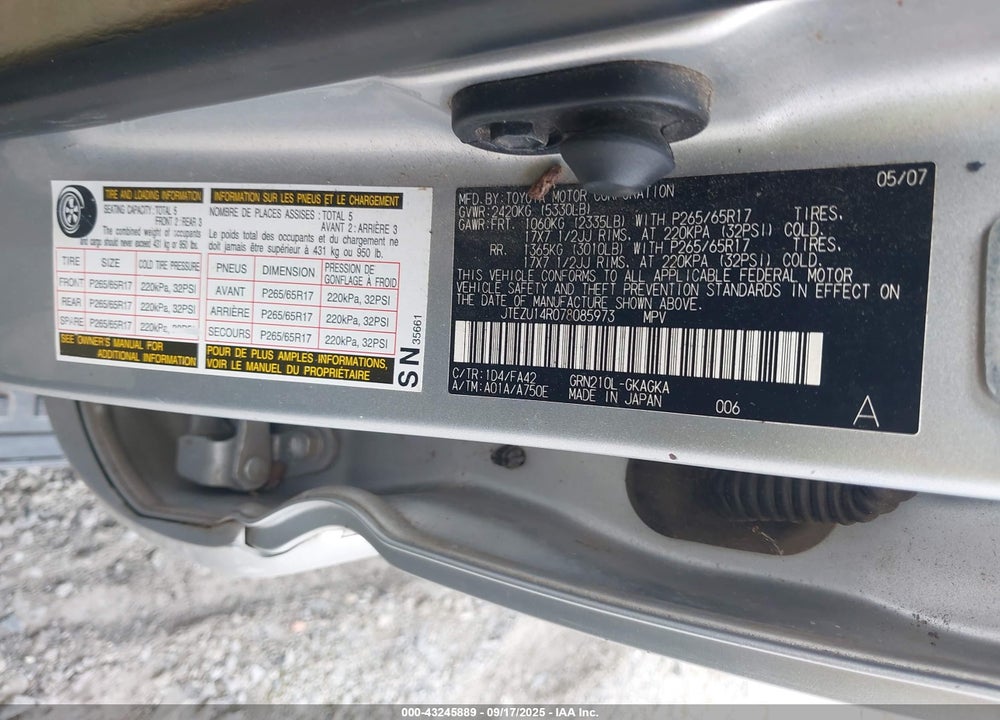2007 TOYOTA 4RUNNER VIN: JTEZU14R078085973