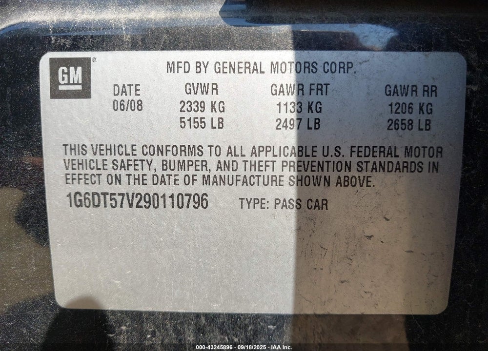 2009 CADILLAC CTS STANDARD VIN: 1G6DT57V290110796