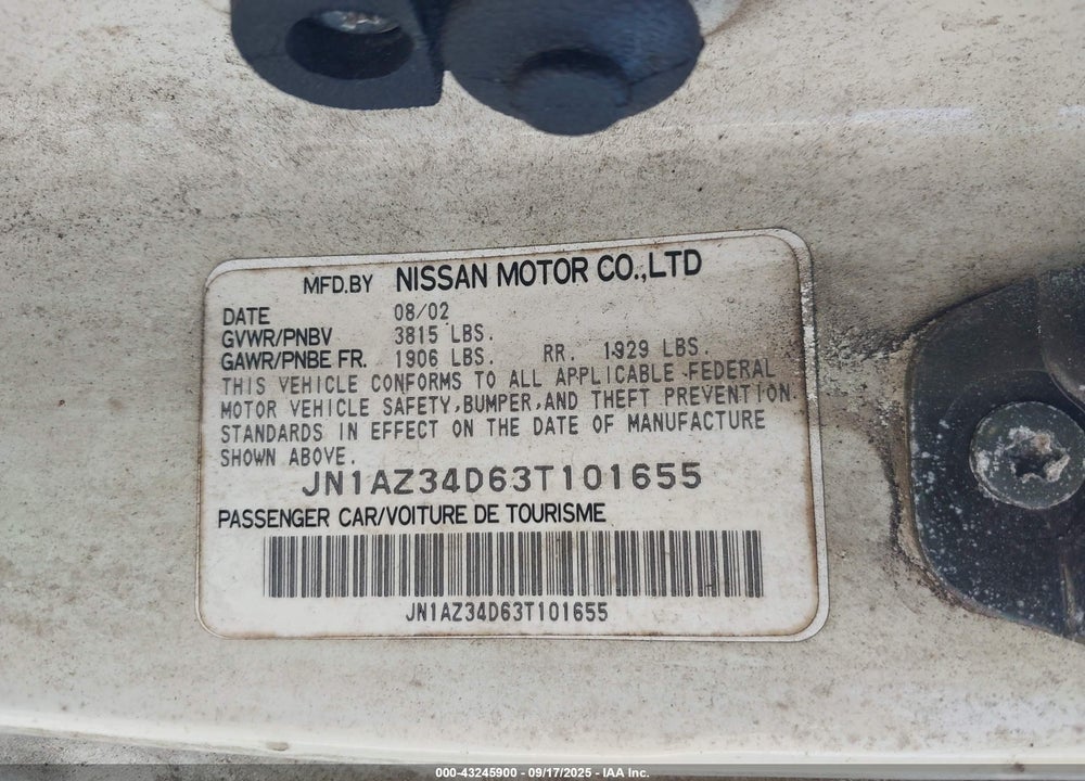 2003 NISSAN 350Z TOURING VIN: JN1AZ34D63T101655