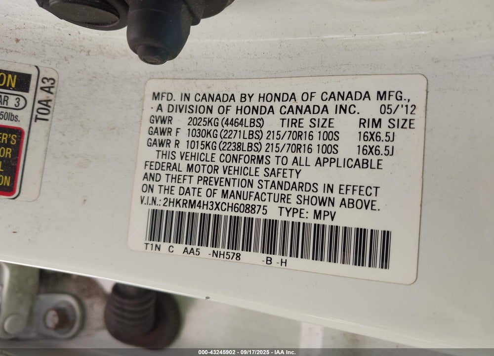 2012 HONDA CR-V VIN: 2HKRM4H3XCH608875