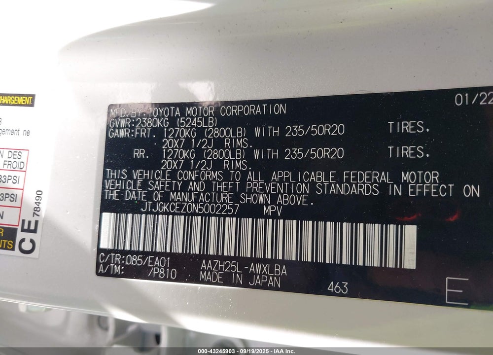 2022 LEXUS NX 350H PREMIUM VIN: JTJGKCEZ0N5002257