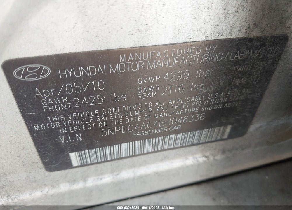 2011 HYUNDAI SONATA VIN: 5NPEC4AC4BH046336
