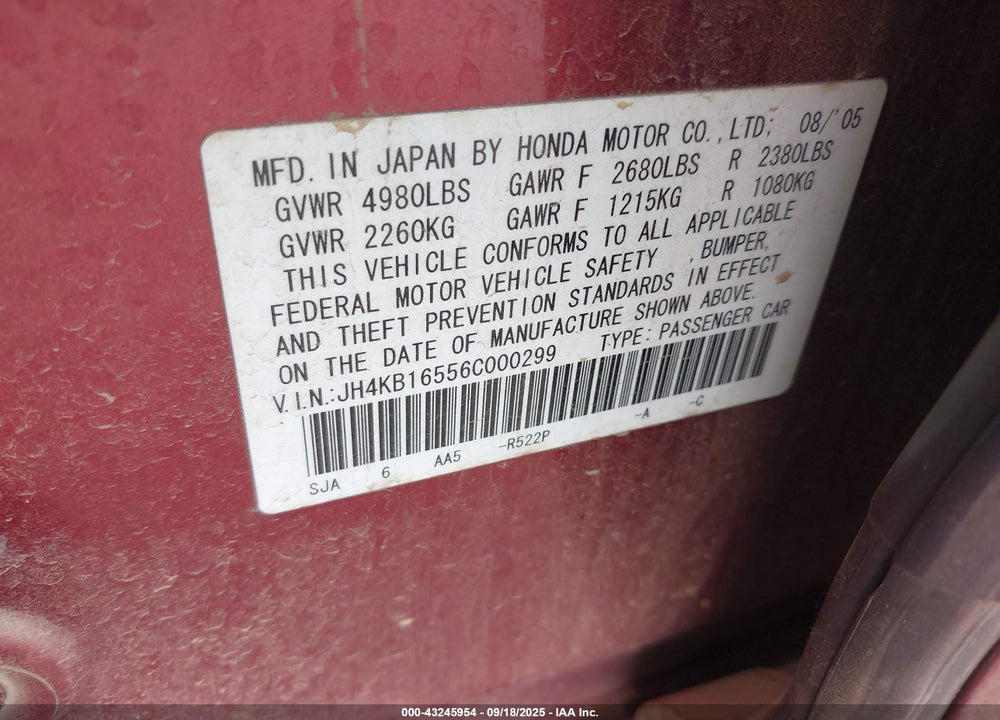 2006 ACURA RL 3.5 VIN: JH4KB16556C000299