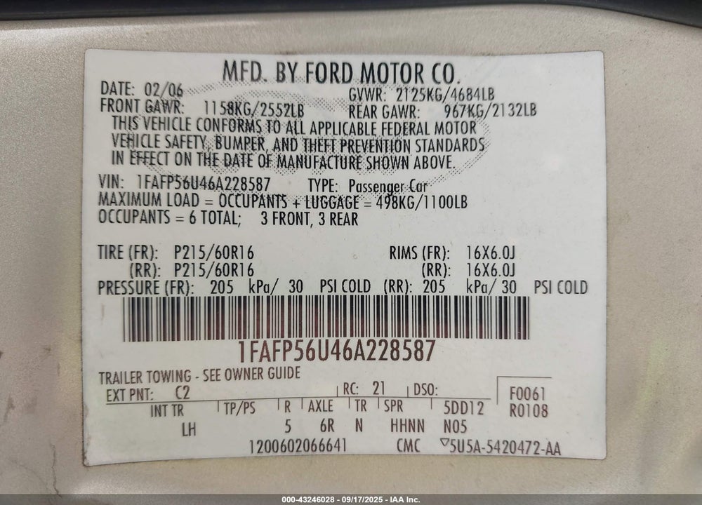 2006 FORD TAURUS VIN: 1FAFP56U46A228587