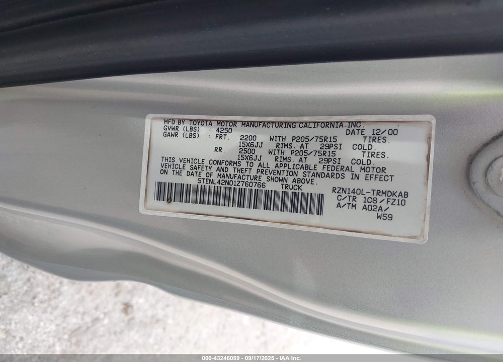 2001 TOYOTA TACOMA VIN: 5TENL42N01Z760766