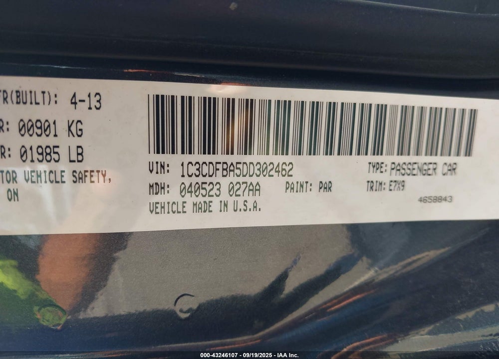 2013 DODGE DART SXT VIN: 1C3CDFBA5DD302462