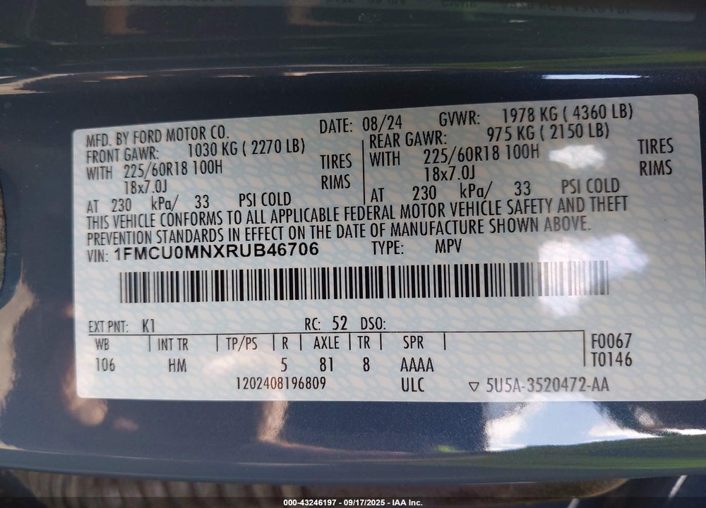 2024 FORD ESCAPE ST LINE VIN: 1FMCU0MNXRUB46706
