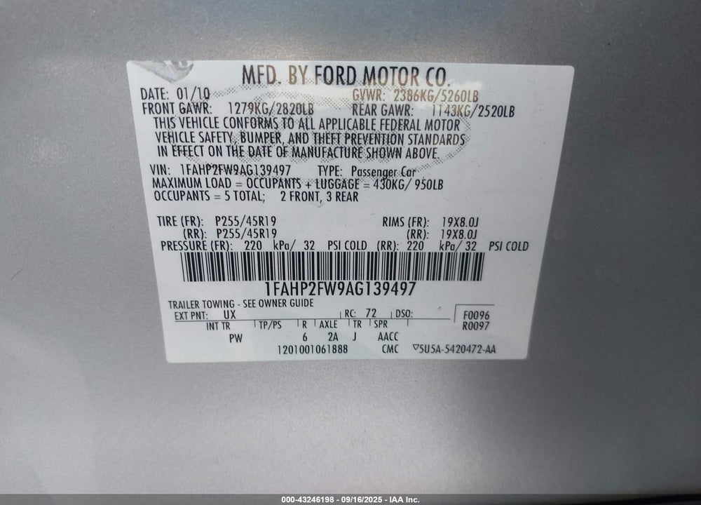 2010 FORD TAURUS LIMITED VIN: 1FAHP2FW9AG139497