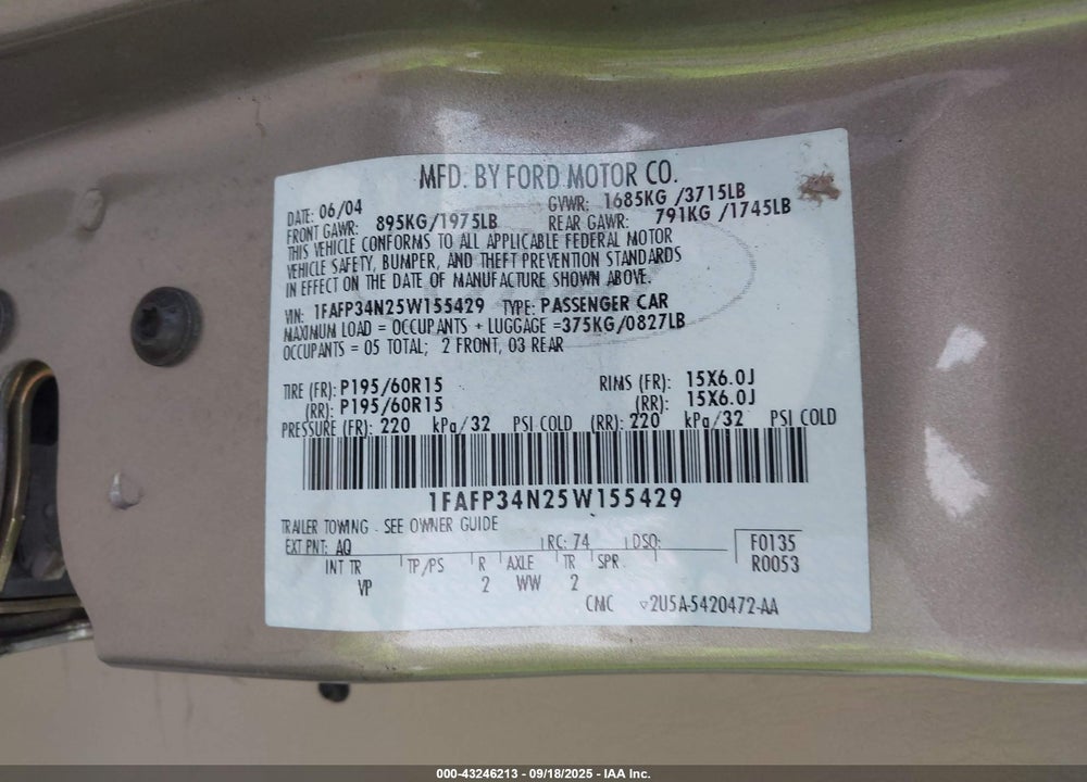 2005 FORD FOCUS ZX4 VIN: 1FAFP34N25W155429