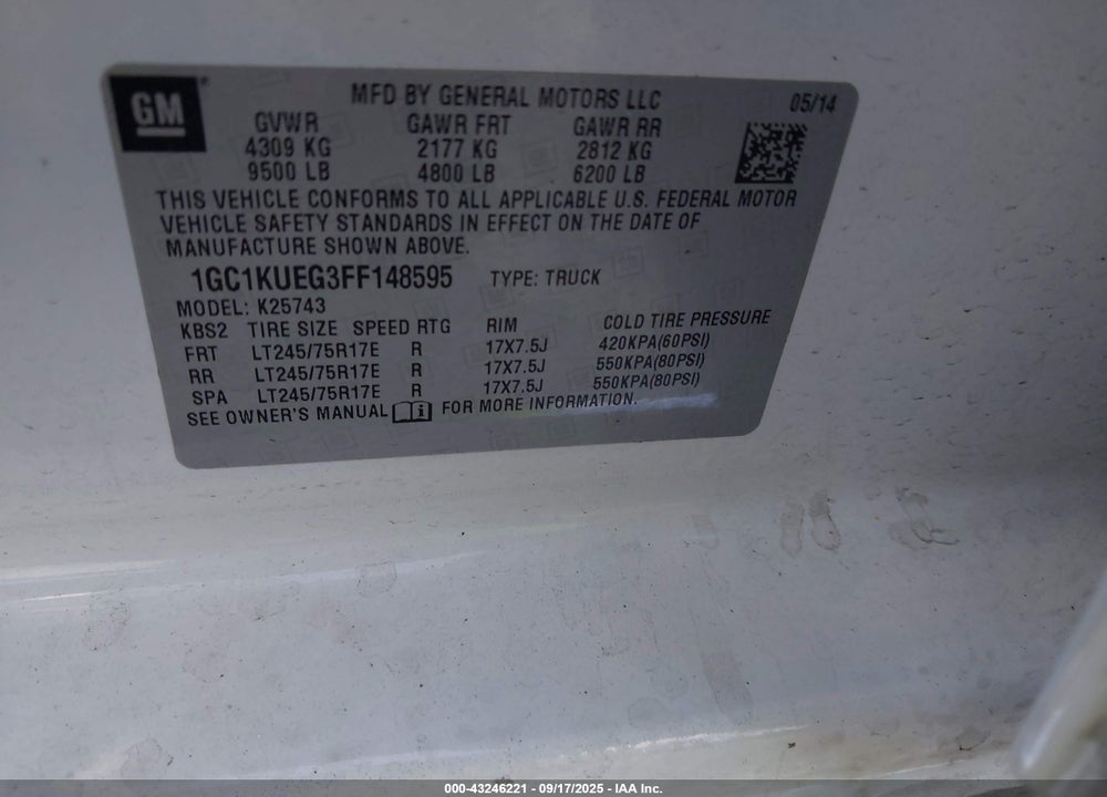 2015 CHEVROLET SILVERADO 2500 VIN: 1GC1KUEG3FF148595