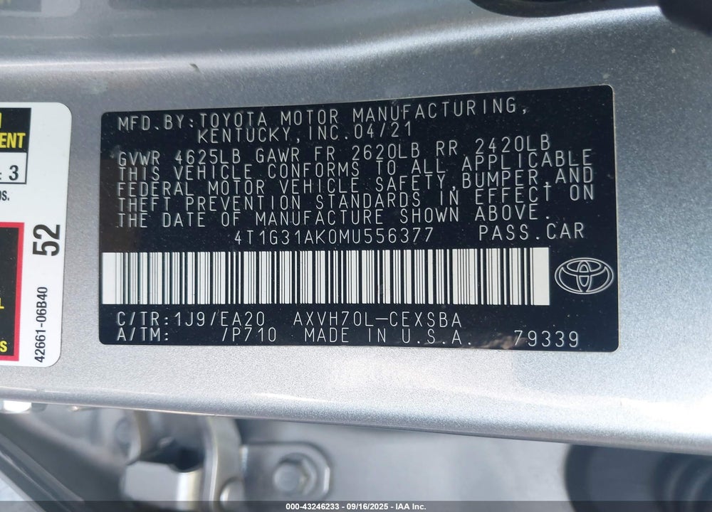 2021 TOYOTA CAMRY VIN: 4T1G31AK0MU556377