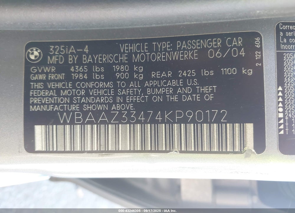 2004 BMW 325I VIN: WBAAZ33474KP90172