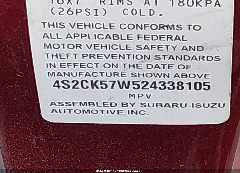 2002 ISUZU RODEO SPORT S 3.2L V6 HARD TOP/S 3.2L V6 SOFT TOP VIN: 4S2CK57W524338105
