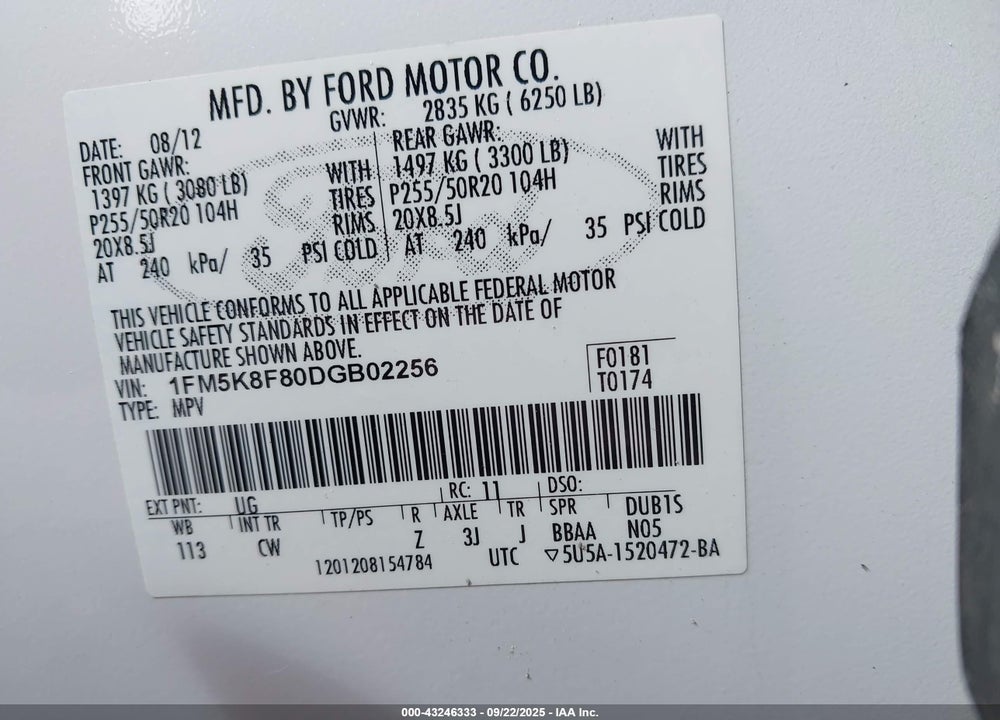 2013 FORD EXPLORER VIN: 1FM5K8F80DGB02256