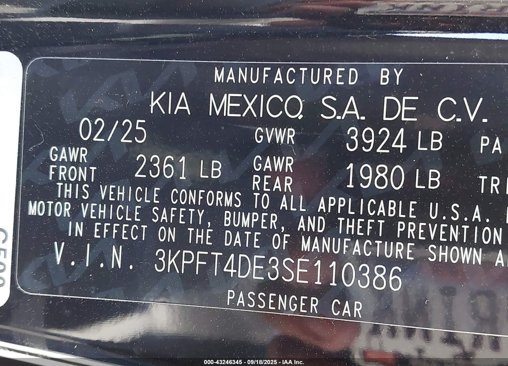 2025 KIA K4 LXS VIN: 3KPFT4DE3SE110386