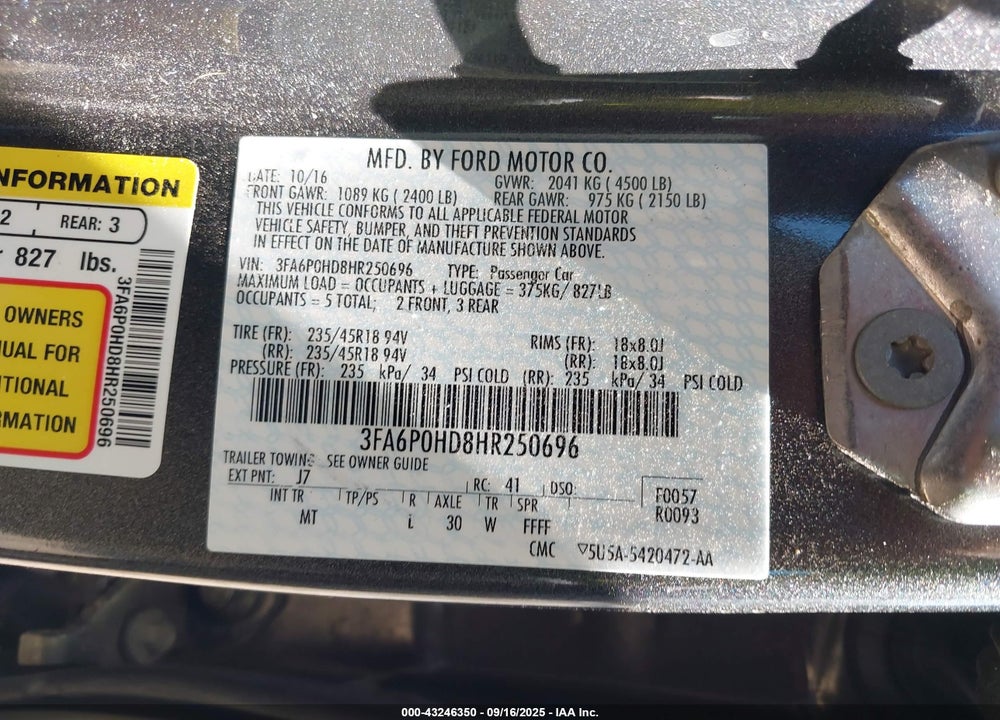 2017 FORD FUSION VIN: 3FA6P0HD8HR250696
