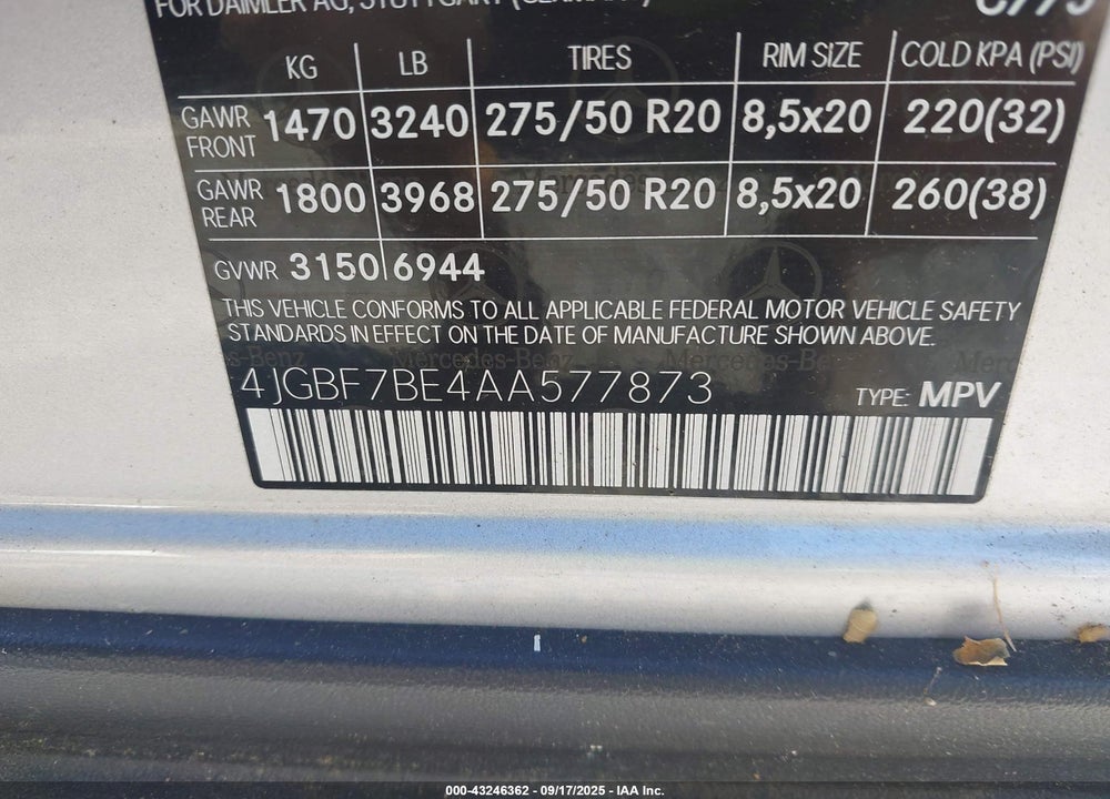 2010 MERCEDES-BENZ GL 450 4MATIC VIN: 4JGBF7BE4AA577873