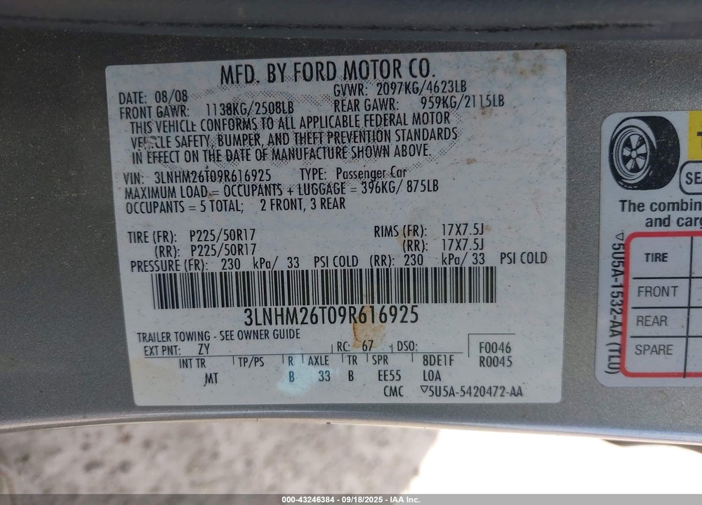 2009 LINCOLN MKZ VIN: 3LNHM26T09R616925