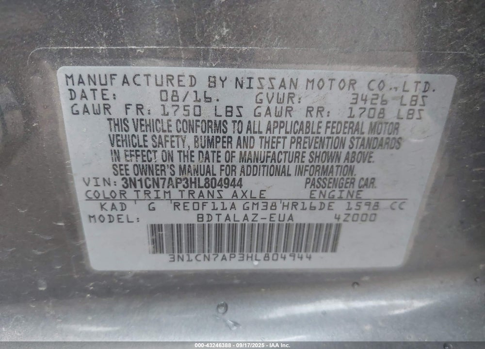 2017 NISSAN VERSA VIN: 3N1CN7AP3HL804944