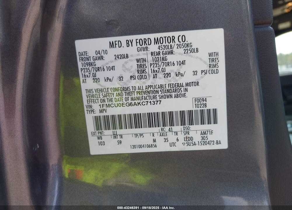 2010 FORD ESCAPE VIN: 1FMCU0EG6AKC71377