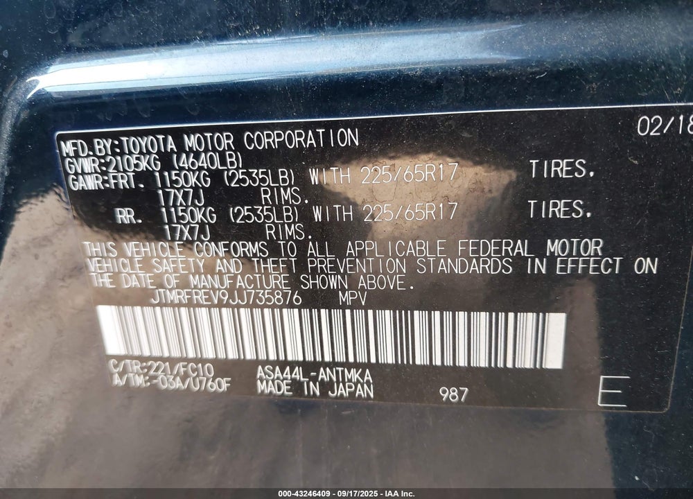 2018 TOYOTA RAV4 VIN: JTMRFREV9JJ735876