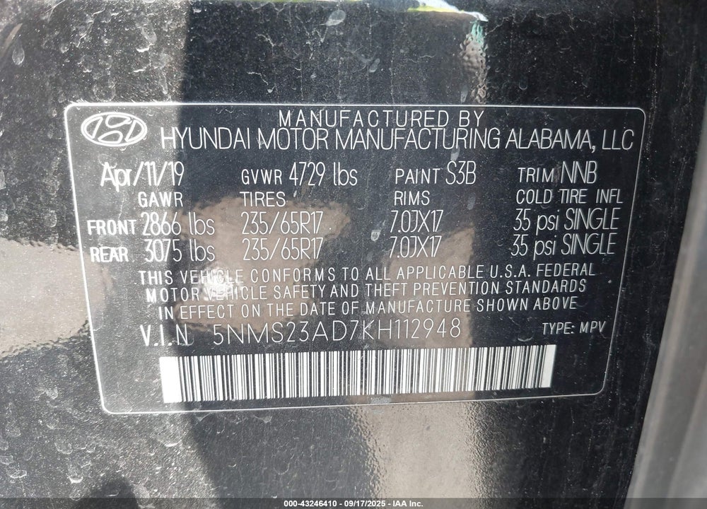 2019 HYUNDAI SANTA FE VIN: 5NMS23AD7KH112948